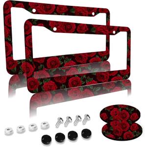 Red Rose Flower License Plate Frames 2 Pack 2 Holes Aluminum License Plate Cover with 2 Pcs Car Coasters and Screw and Black Screw Caps for Girl Women Men Gifts (one size)