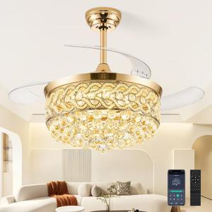 48 Crystal Fandelier Ceiling Fan with Light, Retractable Ceiling Fans Chandelier Fan with Retractable Blades LED Dimmable Crystal Ceiling Fan Chandelier Fans for Bedroom Living Room-Gold