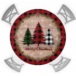 Christmas Elastic Round Tablecloth, Christmas Tree Red Buffalo Plaid Xmas Snowflake Fitted Tablecloths for Round Table Oil-Proof Waterproof Table Cloth (Fit for 55" - 60" Round Tables)