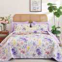WONGS BEDDING Botanical Quilt Set King Size, Purple Floral Leaves Pattern Bedspread Coverlet Set, 3 Piece Soft Microfiber Bedding Set with 2 Pillowcases for All Season (104"x90")