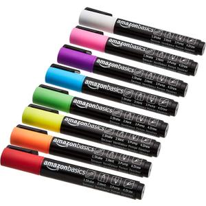 Amazon Basics Bullet/Chisel Reversible Tip Liquid Chalk Markers, Erasable, Washable, Water-Based, Bold Point, 8-Pack, Bright Colors