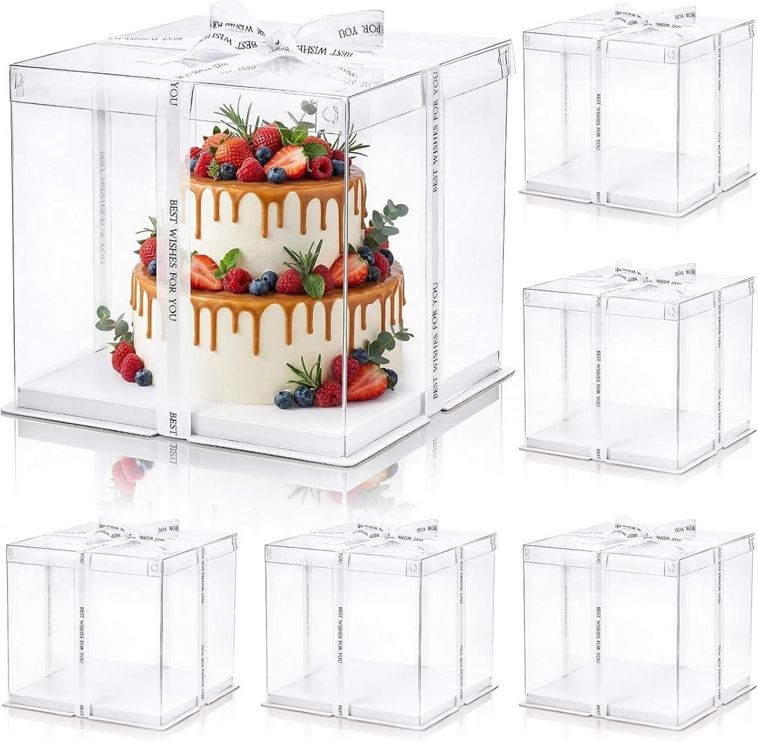 Cididu 6 Pcs Clear Cake Box with Ribbon 2-Layer 10x10x10 Inch, Transparent Cake Carrier Box with Lids, PET Tall Cake Packaging Boxes, Clear Gift Boxes for Mother's Day Birthday Wedding Festival Party
