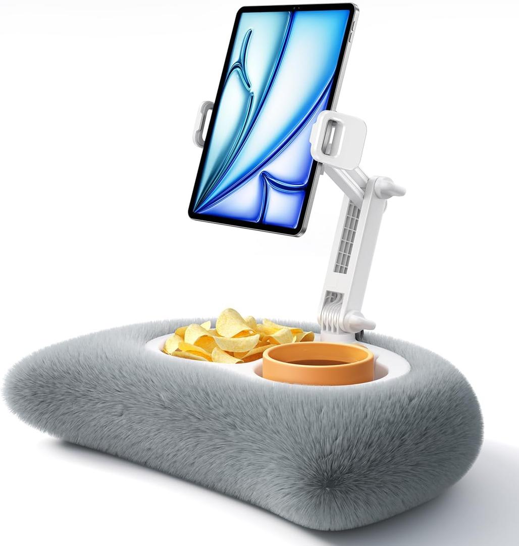 Lamicall Tablet Pillow Stand Holder - [Food-Grade Bowl][Soft & Fluffy] Lap Kindle Holder w/Adjustable Arm, Kindle Accessories for Reading in Bed, iPad Stand Gifts for 4.7-13" Tablet, E-Reader, iPhone (Gray)