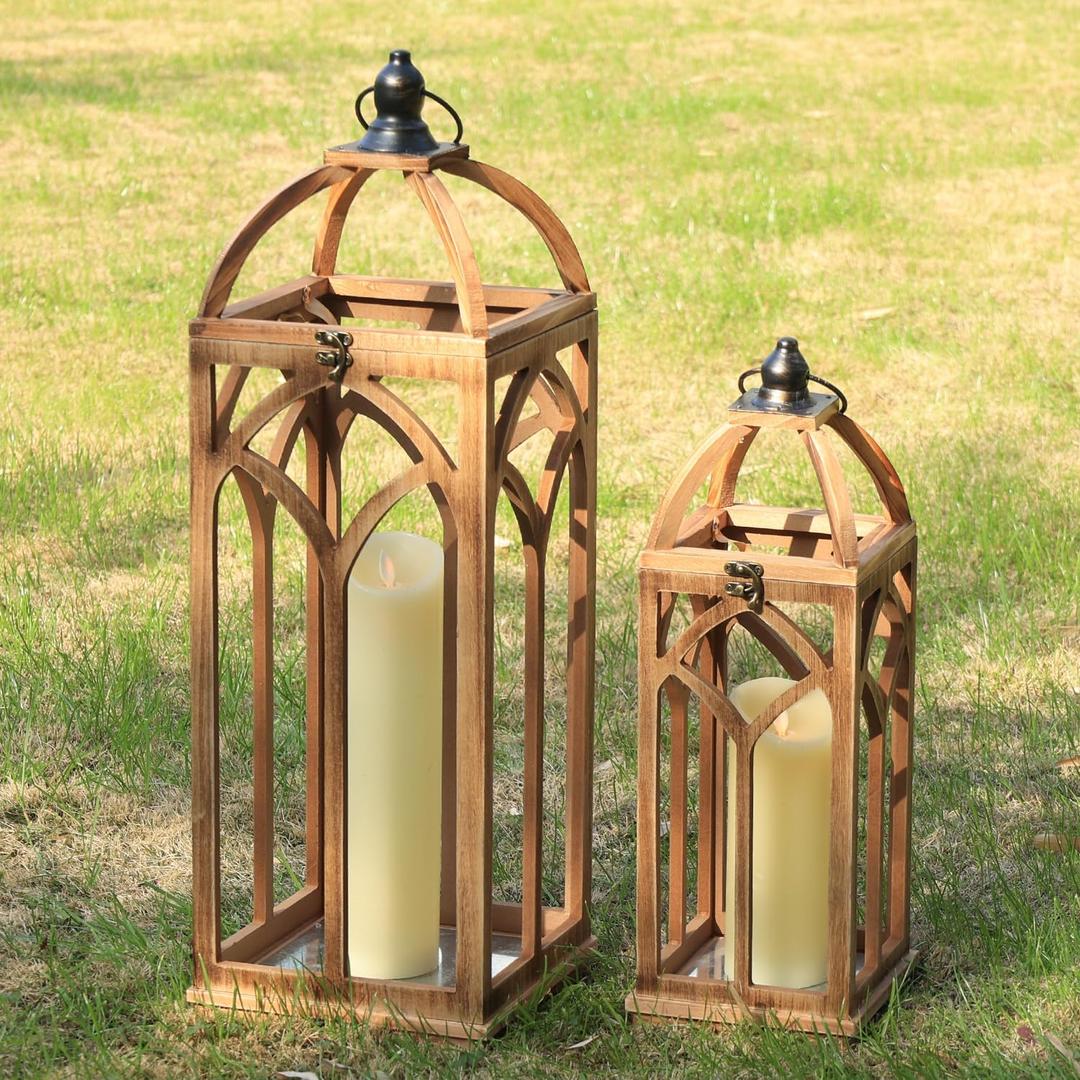 Large Farmhouse Wooden Lantern Decorative Indoor & Outdoor,30‘’/20‘’H Set of 2 Rustic Hanging Candle Lanterns, Wooden Outdoor Lanterns for Patio Front Porch Table, Natural Wood
