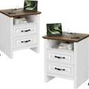 Marsail Nightstand Set of 2 for Bedroom, Night Stand with Charging Station, Bedside Table with 2 Drawers & Open Shelf, Farmhouse End Table Storage Cabinet, Wood White (Brown)
