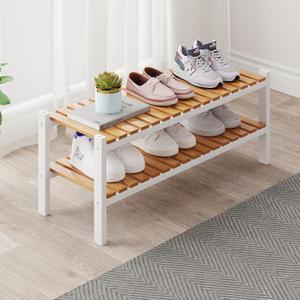 Bamboo Shoe Rack Organizer for Closet and Entryway-Space-Saving Narrow Shoe Stand-Versatile Shoe Holder for Door or Closet Shelf, Garage Bedroom can Freely Stack DIY Small Shoe Racks 2Tier Mixed color