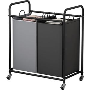 SUOERNUO Laundry Hamper Basket 2 Bag Laundry Sorter Cart with Rolling Lockable Wheels and Removable Bags Laundry Organizer Cart for Clothes Storage (Black+Grey)
