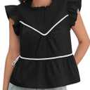 Cicy Bell Womens Ruffle Babydoll Tank Tops Summer Cotton Peplum Mock Neck Blouses Trendy Casual Pleated Bow Shirts (Large, Black)