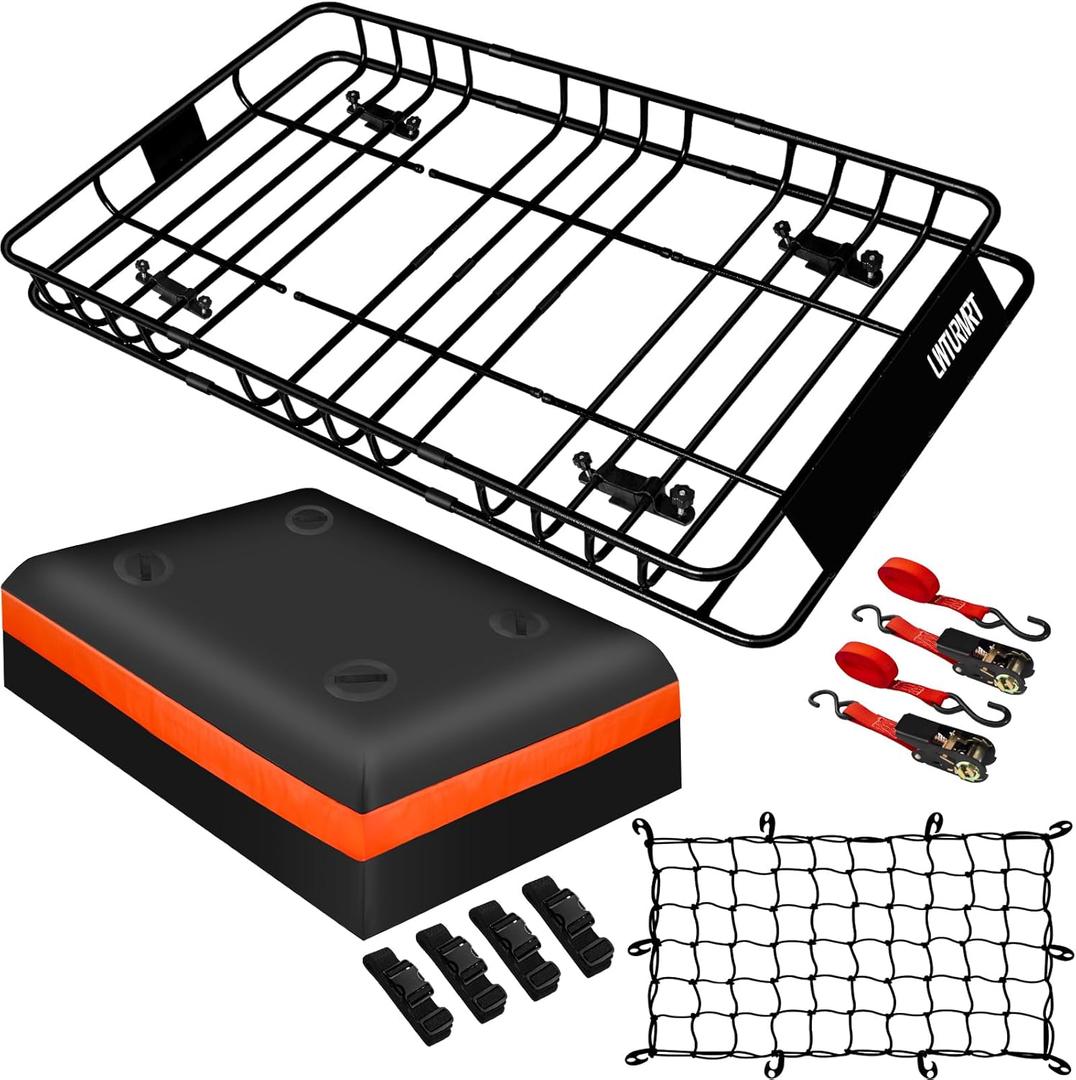 LWTURMRT Heavy Duty 54"X36"Roof Rack Cargo Basket Universal Rooftop Cargo Carrier with Waterproof Cargo Bag 18 Cubic Feet (54"X34"X17") Cargo Net