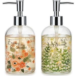 Topadorn Set of 2 17 Oz Glass Soap Dispenser, Soap Dispenser Kitchen Bathroom for Dish Soap, Hand soap, Flowers and Leaves (Pink and Green)