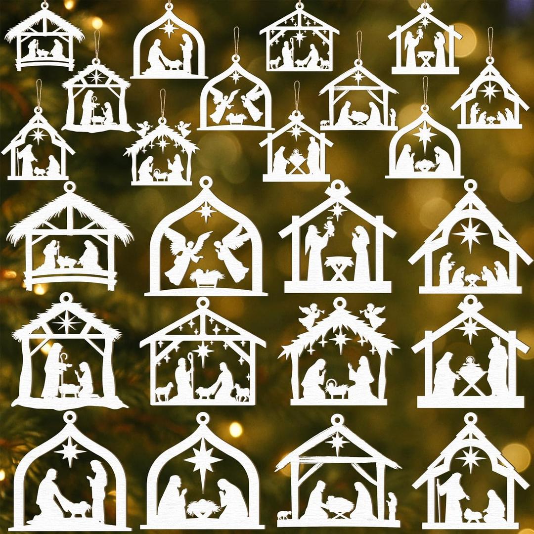 Qunclay 36 Pcs Christmas Nativity Scene Ornaments Wooden Religious Christmas Tree Decorations Birth of Jesus Christian House Xmas Wood Hanging Ornaments for Tree Home Window Xmas Gift (White,Classic)