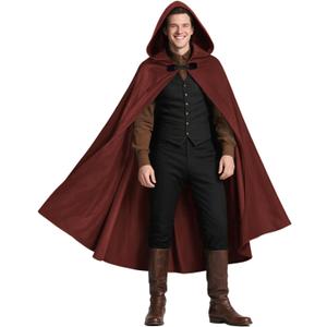 Medieval Hooded Cloak Halloween Renaissance Cape with hood Wizard Costume Sorcerer Cosplay Witch (Red)