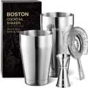 KITESSENSU Boston Cocktail Shaker Set, 4-Piece Boston Shaker Tins Bartender Kit with 18oz & 28oz Mixed Drink Shaker, Hawthorne Strainer, Double Measuring Jigger, Cocktail Recipe Cards Included