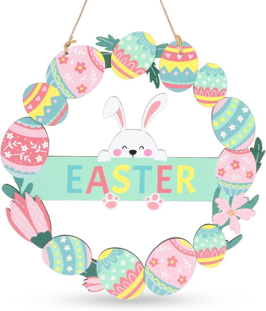 Easter Wreaths for Front Door, Colorful Eggs Happy Bunny Easter Welcome Sign Decorations for The Home Easter Spring Holiday Wooden Hanging Decor for Front Porch Window Wall Farmhouse Indoor Outdoor