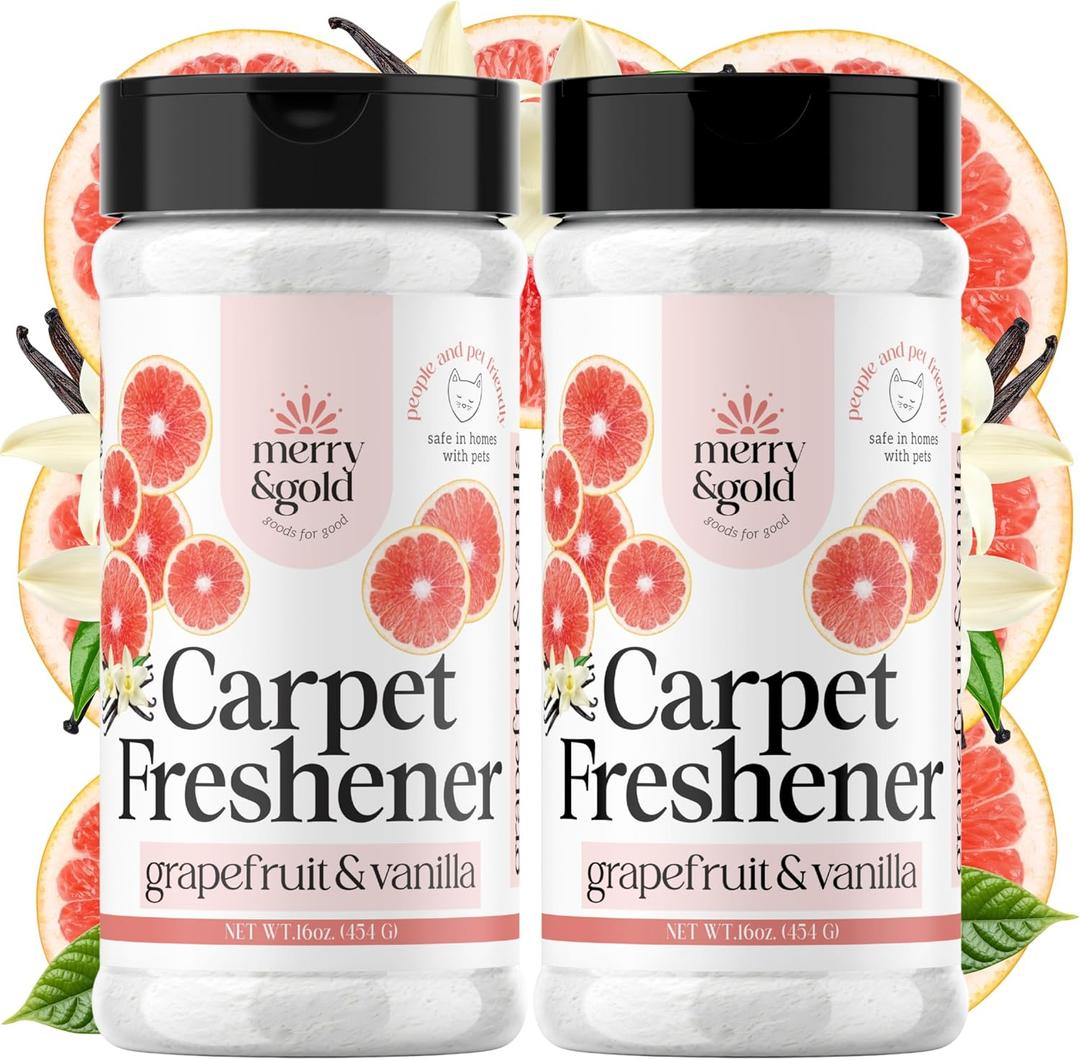 Merry & Gold Carpet Deodorizer & Freshener Powder | 16 oz (2 Pack) Grapefruit + Vanilla | Pet Odor Eliminator for Strong Odors & Pet Urine | Safe for Homes with Pets | Made in USA