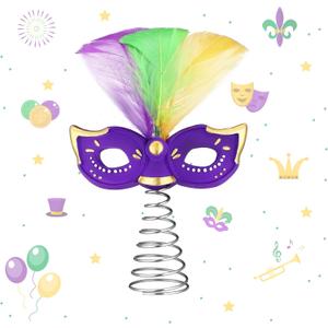 Queekay Mardi Gras Mask Miniature Tree Topper Masquerade Masks with Feather Decorations 4 Inches Mini Purple Green Gold Tree Ornaments for Christmas Carnival Party Decor