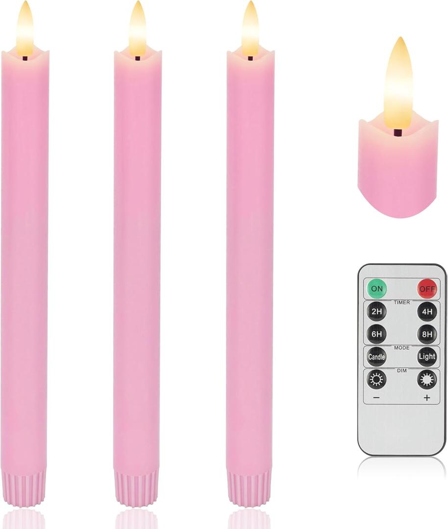 Pink Flameless Taper Candles with Rmote, 9.6" Real Wax Battery Operated Candles with 3D Wick, 3 Pack Led Candles Flickering Candlesticks, Electric Candles for Home, Wedding, Party Decor
