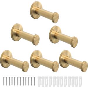 Bath Towel Hooks, 6 Pack Round Coat Hooks, Sturdy Wall Mounted Robe Hook, SUS 304 Stainless Steel Heavy Duty Clothes Hanger, Wall Towel Hooks for Bathroom Bedroom Kitchen (3 in, Gold)