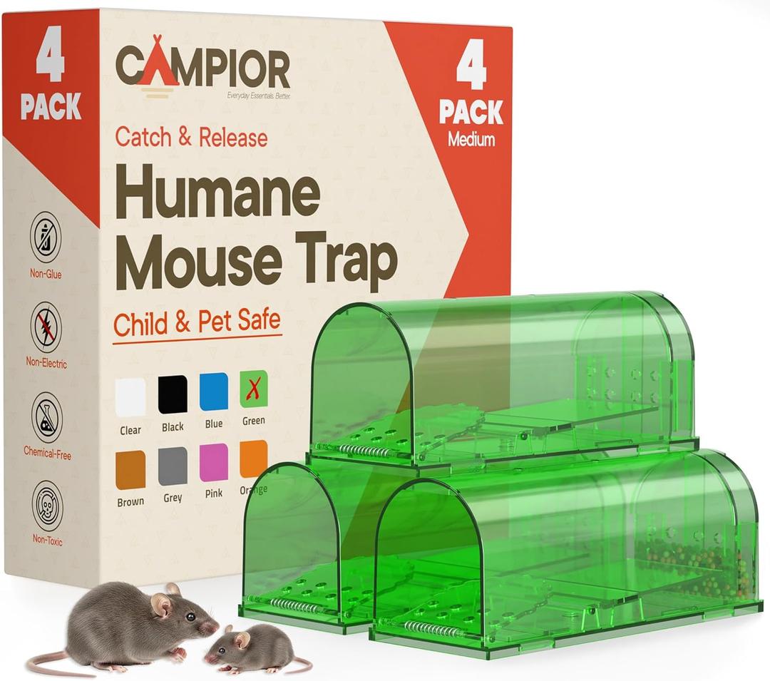 Humane Mouse Trap Pack of 4, Live Mouse Traps Catch and Release for Indoors & Outdoors, Pet & Child Safe, 6.69" Reusable Plastic Mouse Cage with Spring Door, Cleaning Brush Included, Green