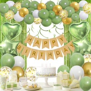 Sage Green Birthday Decorations, Happy Birthday Banner, Olive Green Balloon, Fringe Curtain, Heart Star Foil Balloon, Hanging Swirl for Kids Women Men Girls Boys Birthday Party Decorations