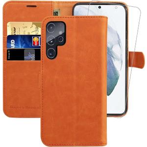 MONASAY Wallet Case Compatible for Galaxy S22 Ultra 5G, 6.8 inch [Included Screen Protector][RFID Blocking] Flip Folio Leather Cell Phone Cover with Credit Card Holder, Kumquat