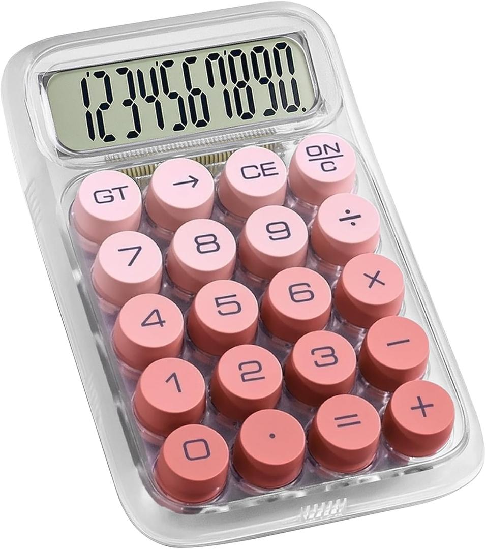 Mechanical Switch Calculator with 10 Digits Large LCD Display, Cute Basic Calculator with Big Button Anti-Slip Pad, Transparent Body, for Office Desk Home Business School - Red