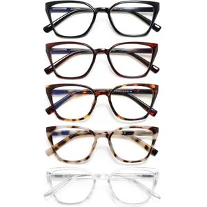 EYEURL Cat Eye Reading Glasses for women - 5 Pack Blue Light Blocking Reading Glasses Ladies +0.75 Fashion Square Frames Magnification with Spring Hinge (Black/Clear/Tortoise/Purple Red/White Tortoise)
