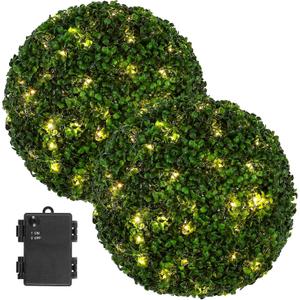 2 Pcs Lighted Topiary Ball Outdoor Pre-Lit Faux Boxwood Planter Filler Sphere, Artificial Topiary Ball Decorative for Backyard, Balcony, Garden, Wedding Party, Home Office (15 * 15)