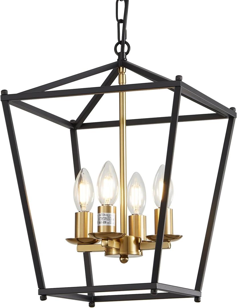 Modern Chandelier 4 Light Black and Gold Lantern Pendant Adjustable Geometric Metal Cage Pendant Lighting Fixtures for Kitchen Island, Above Sink, Dining Room, Bedroom, Foyer, Staircase