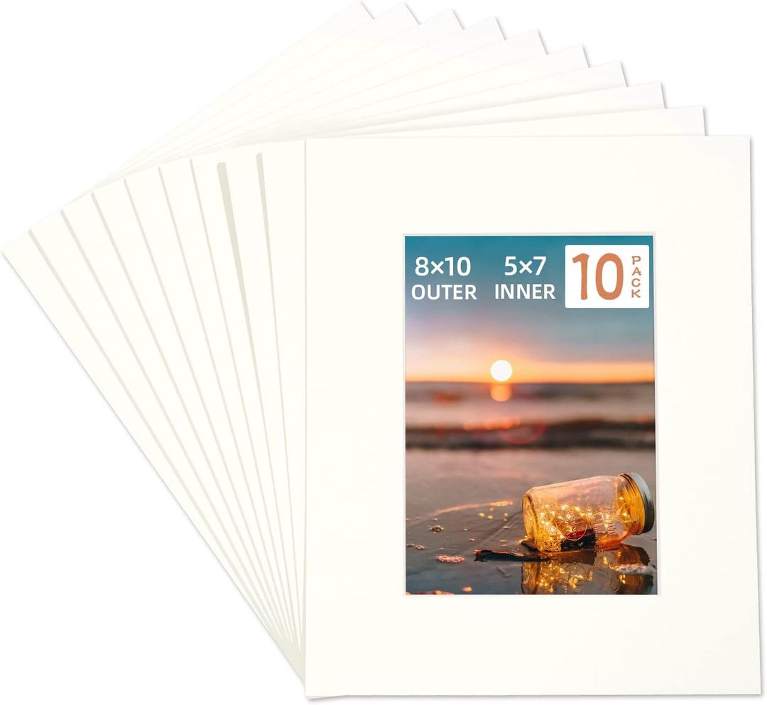 HOTUO 10 Pack Acid Free Ivory Picture Frame Mats, Pre-Cut 8x10 Picture Mats with Ivory Core Bevel Cut for 5x7 Photo, Signature Friendly 4 Ply Thickness Photo Mat for Frames/Artwork/Prints/Pictures (Off-white)