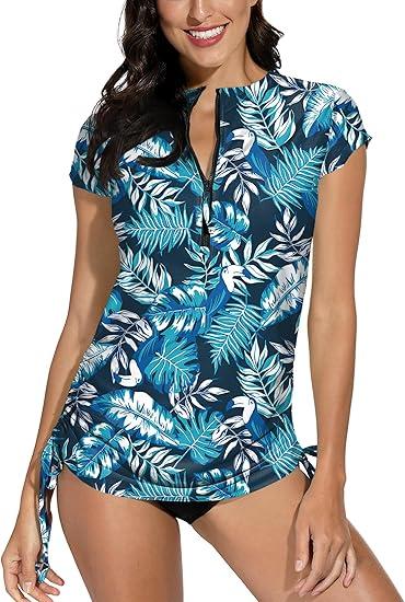 BesserBay Women's UV Sun Protection 1/4 Zip Short Sleeve Ruched Rash Guard Shirt