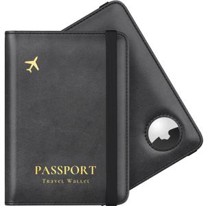 Stouchi AirTag Passport Holder, Slim Passport Holder Family with Airtag Slot, RFID Passport Wallet Cover for Men, PU Leather Passport Case, Anti-Lost Travel Accessories, Black