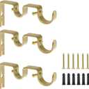 Pack of 3 Gold Curtain Rod Bracket, Heavy Duty Double Curtain Rod Hanging Brackets Wall Mount, Drapery Rod Bracket, Adjustable Curtain Rod Holders for Window, Home Curtain Rods (Gold)