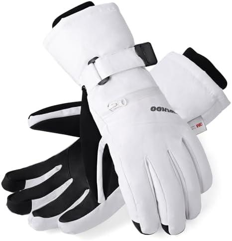 HOIHOO Waterproof Warm 3M Thinsulate Snow Gloves - Touchscreen, Cold Weather Winter Gloves for Snowboarding, Fits Both Men & Women, White, Size L