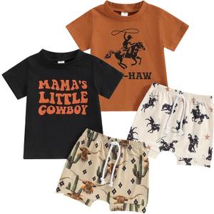 Baby Cowboy Outfits Toddler Western Cow Print Short Sleeves Shirt+Elastic Shorts Baby Boy Casual Summer Clothes Set (3-6 Months, Black+coffee)