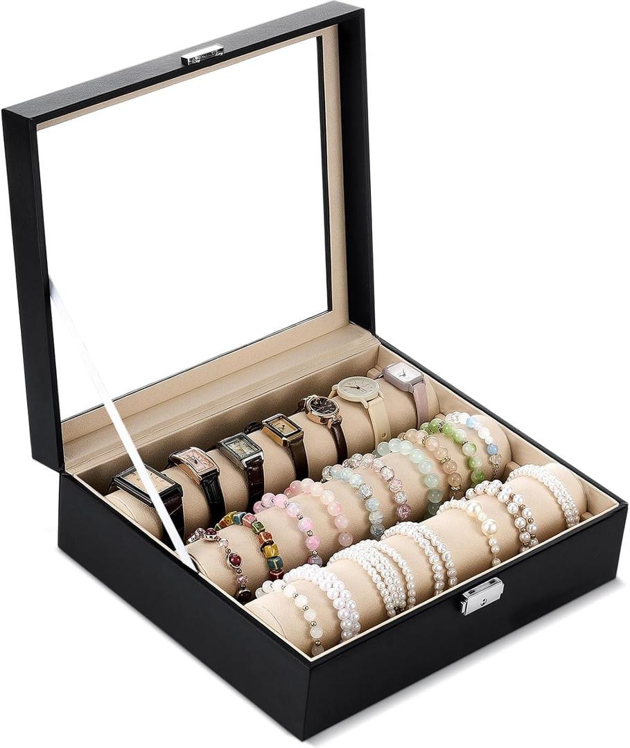 Nosiny Bracelet Display Holder with 3 Removable Rolls Bangle Organizer Display Clear Lid Bracelet Organizer Box Jewelry Storage Case for Women Girls Retail Bracelets Watch Stores Vendors, Black