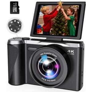 Digital Camera 4K for Photography and Video, 56MP Autofocus Vlogging Camera for YouTube, 3" 180 Flip Screen & 16X Digital Zoom, Compact Travel Cameras with 32GB SD Card for Beginners & Adults (Black)