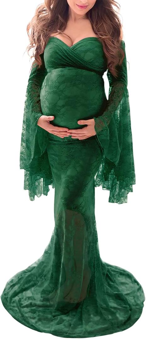 Saslax Off Shoulder Lace Maternity Dress for Photography Maxi Maternity Props Dresses for Photo Shoot Baby Shower (Green, Medium)