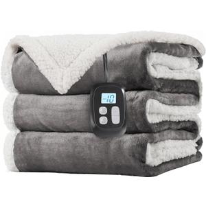 LaffyLo Electric Heated Blanket Full Size 72 x 84, Fast Heating Blanket, Dual-Sided Flannel Sherpa, 10 Heat Settings, 1-12 Hour Auto Off, Machine Washable, Light Grey