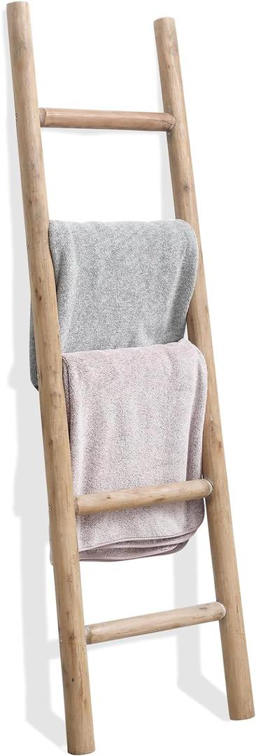FUIN 57in Wood Blanket Ladder Living Room Decorative Wall Leaning Farmhouse Quilt Display Holder Rustic Wooden Towel Rack for Bathroom, Brown (57in | Knock Down)