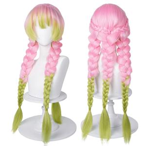 SL Mitsuri Cosplay Wig for DS, Long Pink Green Braid Wig Anime Hair Pigtails Wigs with Cap for Halloween Costume Party