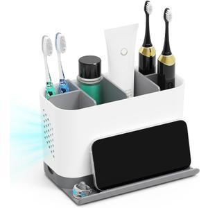 Toothbrush Holders for Bathrooms, Adjustable 6 Slots Electric Toothbrush and Toothpaste Holder, Cord-Friendly Detachable Bathroom Countertop Organizer with Front Ledge for Phone and Ring Holder (Grey and White)