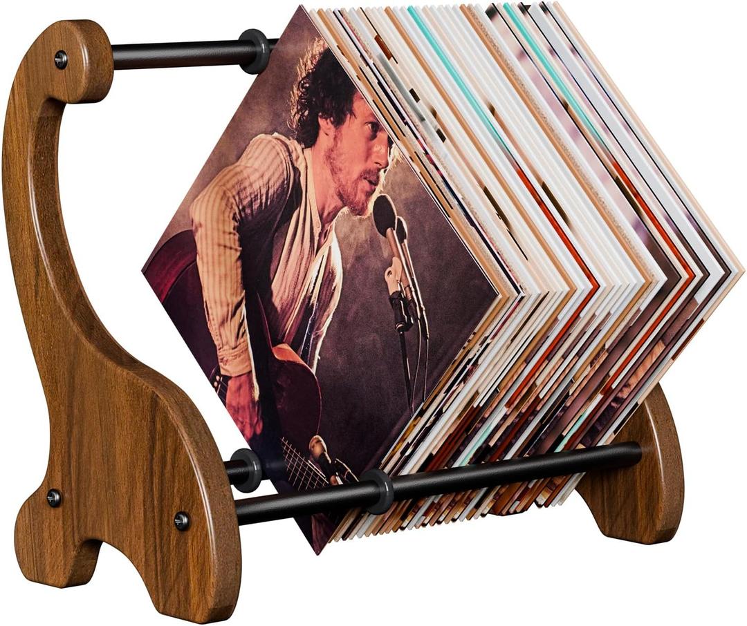 Vinyl Record Storage Premium Wooden Record Holder & Album Crate, Holds 60+ Records, Desktop Display Stand for Vinyl Lovers
