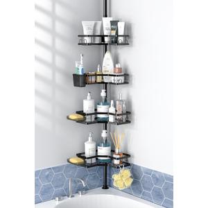 Corner Shower Caddy Tension Pole: 4tier adjustable Rustproof Bathroom Organizer Shelves - Bathtub shampoo rack 43.5-120 inch (Black)