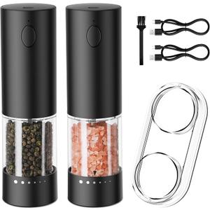 Electric Salt and Pepper Grinder Set  USB Rechargeable Automatic Grinder Set with LED Light, 6 Adjustable Coarseness Levels, Large Capacity, 2-Pack Electric Salt and Pepper Shakers