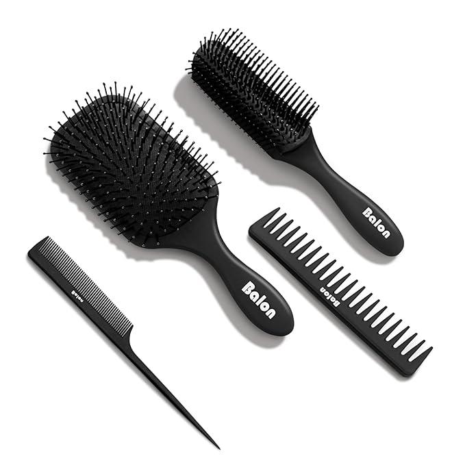 Paddle Hair Brush, Detangling Brush and Hair Comb Set for Men and Women, Great On Wet or Dry Hair, No More Tangle Hairbrush for Long Thick Thin Curly Natural Hair（Black）4PACK
