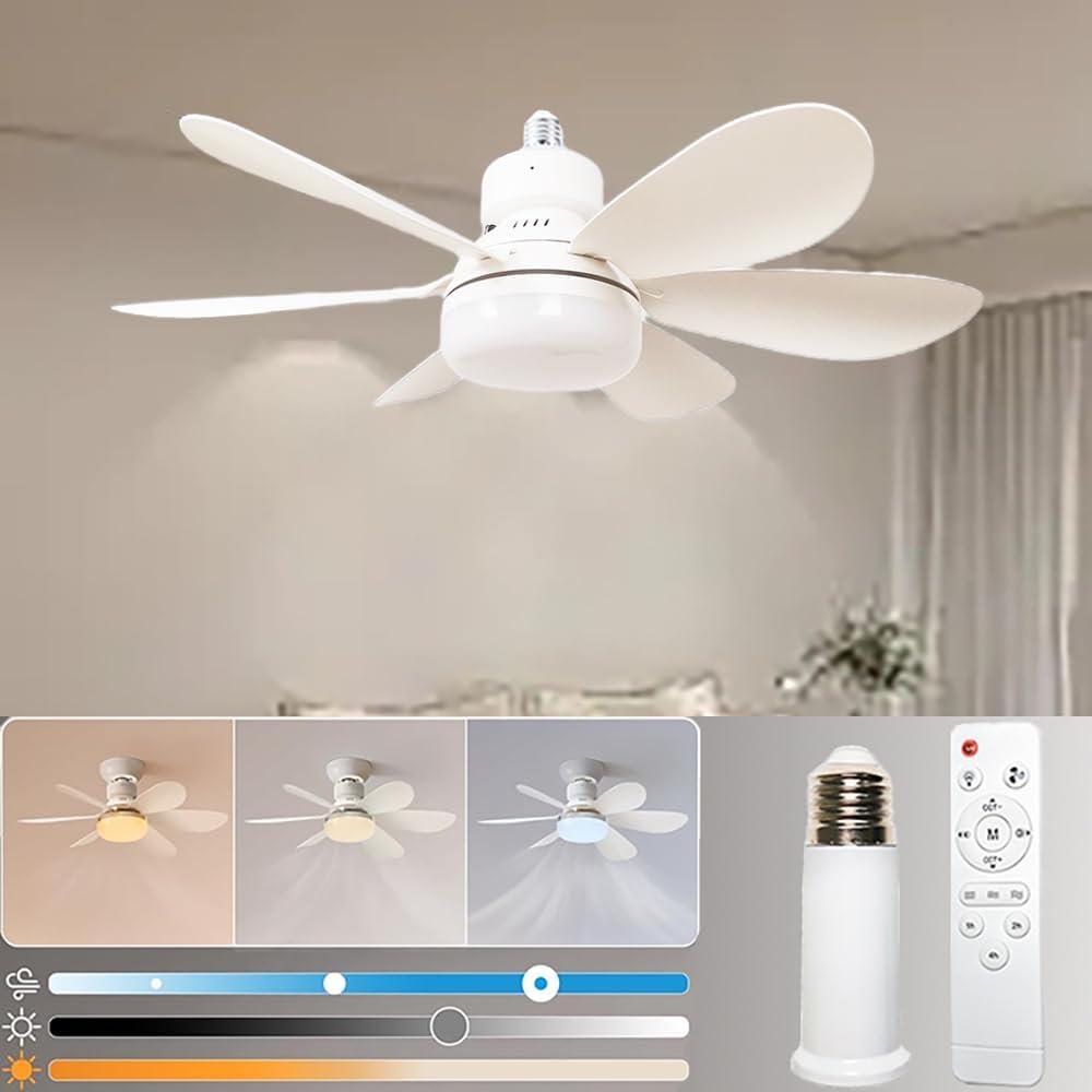 Socket Ceiling Fans with Lights and Remote E26/E27 Base Socket Fan Light with Led Bulb 1000 Lumens 3 Colors Screw in Small Ceiling Fan for Living Room Bedroom Kitchen Closet garage