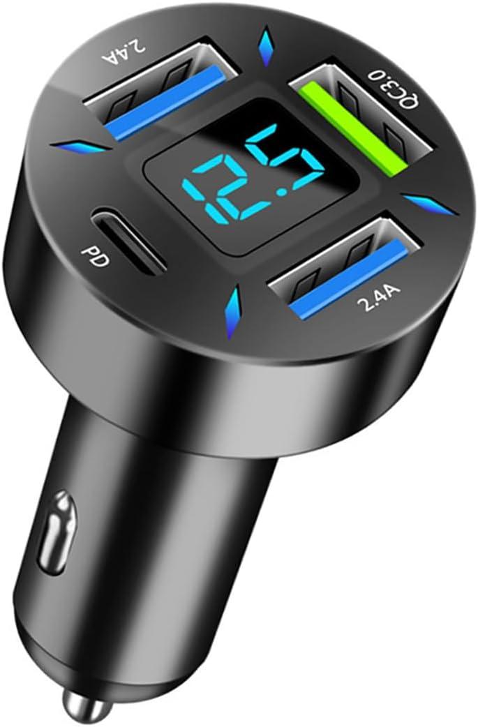 4 Ports USB Car Charger, 66W Super Fast Charging USB QC 3.0, USB Adapter Charger with LED Voltmeter for Car Cigarette Lighter Plug, Compatible with Most Cell Phone (2, PD+QC3.0+2.4A)