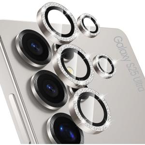 Tensea (3+2PCS Compatible with Samsung Galaxy S25 Ultra Camera Lens Protector, 9H Tempered Glass Camera Cover Screen Protector Metal Individual Ring [Installation Tray][Case Friendly] (Glitter Gray)