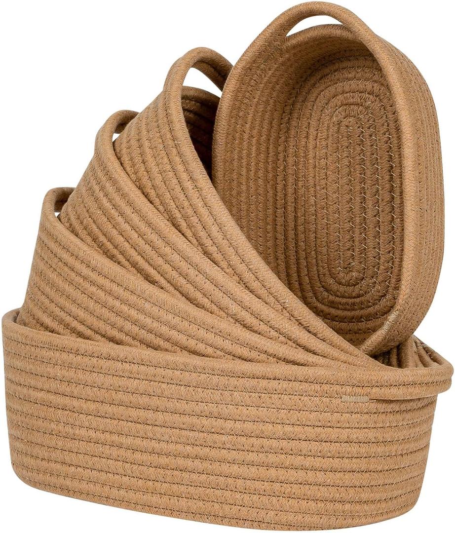 CubesLand Small Cotton Rope Storage Basket Set 5, Shelves Baskets for Organizing with Handle, Decorative Closet Storage Bins for Countertop Toilet Paper Basket for Toilet Tank Top, Brown Basket